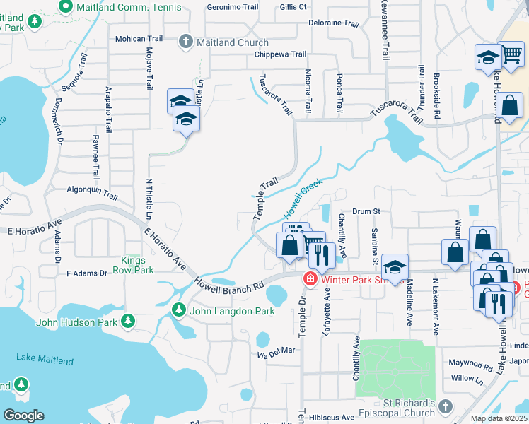 map of restaurants, bars, coffee shops, grocery stores, and more near 2917 Temple Trail in Winter Park
