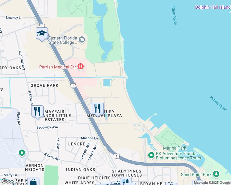 map of restaurants, bars, coffee shops, grocery stores, and more near 1550 Jess Parrish Court in Titusville