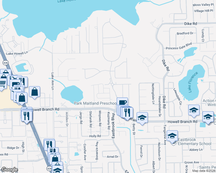 map of restaurants, bars, coffee shops, grocery stores, and more near 2221 Shadowland Loop in Winter Park