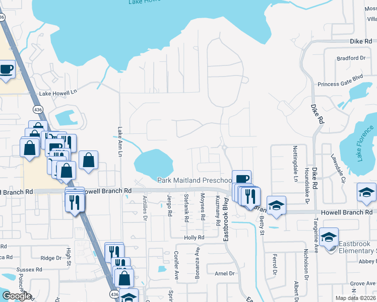 map of restaurants, bars, coffee shops, grocery stores, and more near 1544 Little Wren Lane in Winter Park