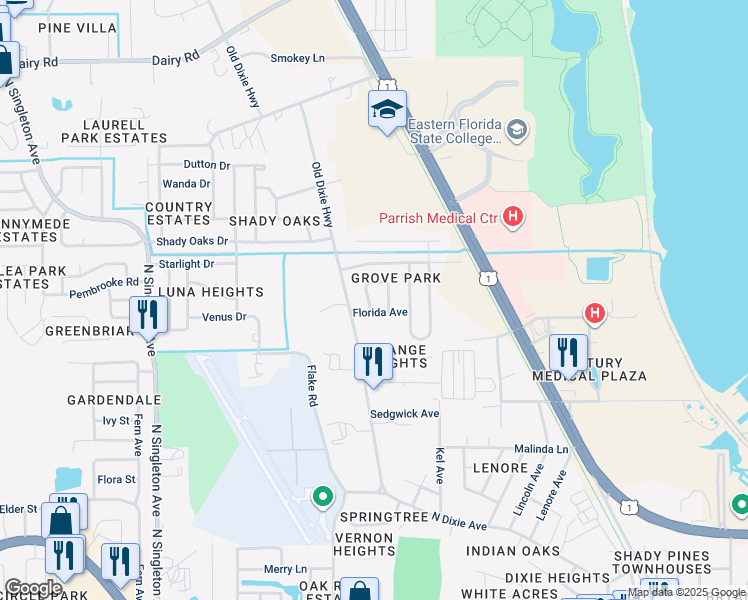 map of restaurants, bars, coffee shops, grocery stores, and more near 2375 Florida Avenue in Titusville