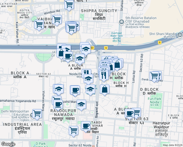 map of restaurants, bars, coffee shops, grocery stores, and more near in Noida