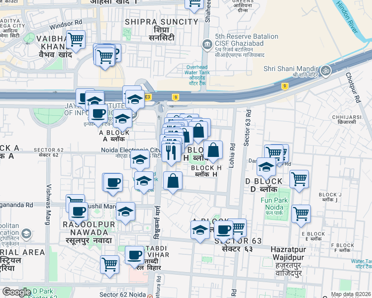 map of restaurants, bars, coffee shops, grocery stores, and more near in Noida
