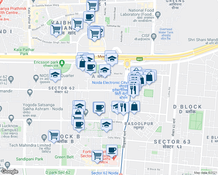 map of restaurants, bars, coffee shops, grocery stores, and more near in Noida