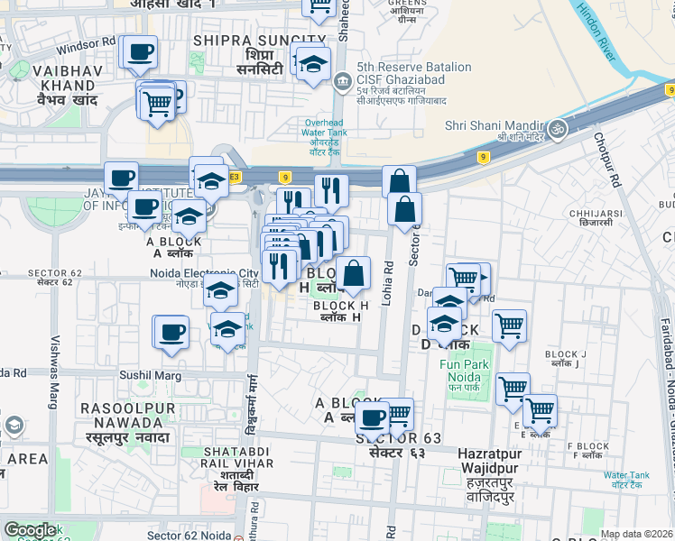 map of restaurants, bars, coffee shops, grocery stores, and more near H-35 Sector 63 Road in Noida