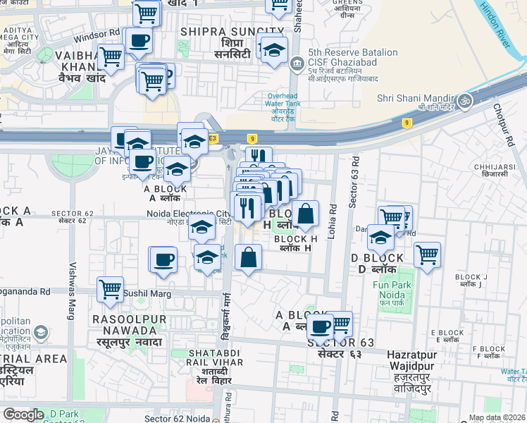 map of restaurants, bars, coffee shops, grocery stores, and more near in Noida