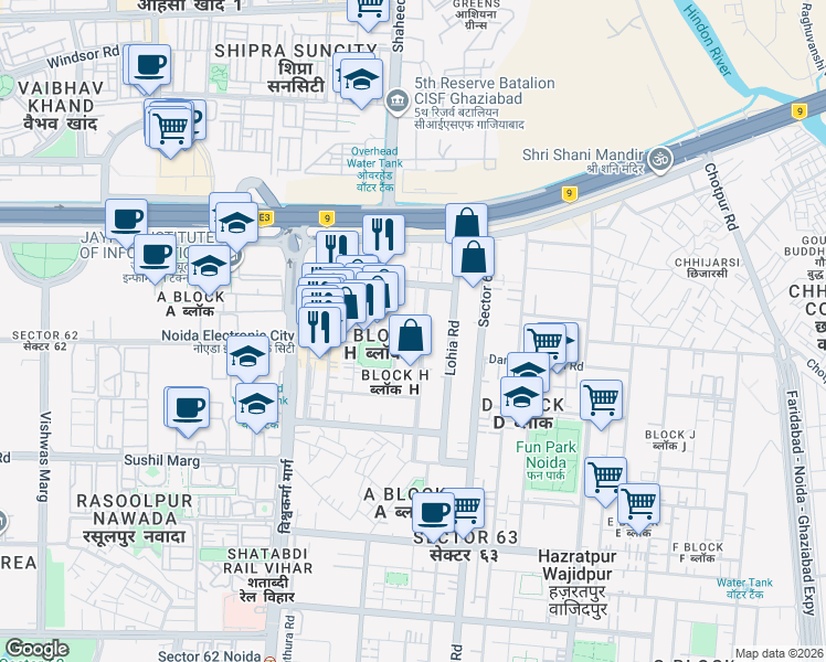 map of restaurants, bars, coffee shops, grocery stores, and more near in Noida