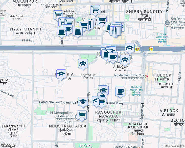 map of restaurants, bars, coffee shops, grocery stores, and more near in Noida