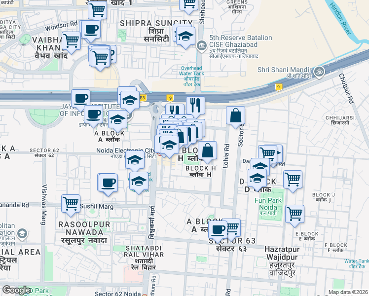 map of restaurants, bars, coffee shops, grocery stores, and more near in Noida