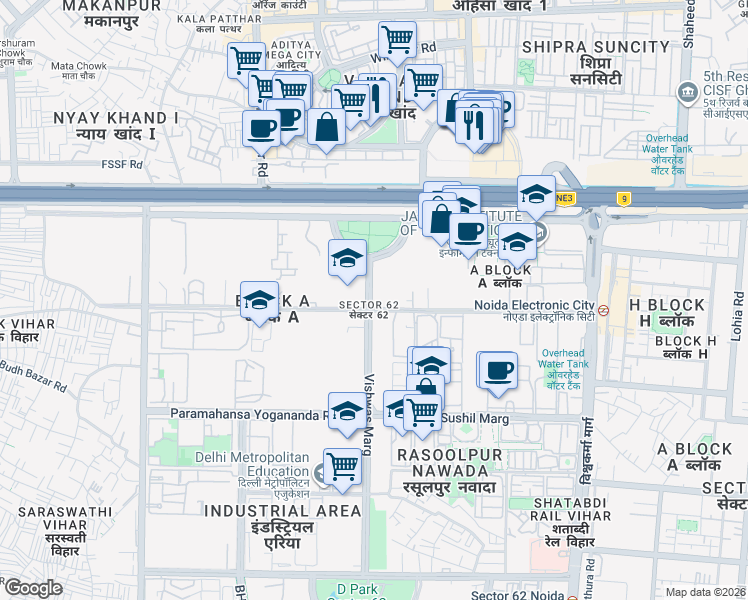 map of restaurants, bars, coffee shops, grocery stores, and more near in Noida