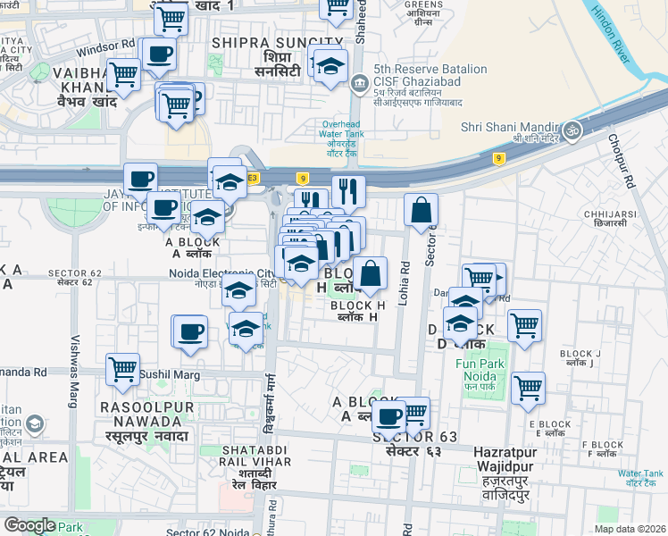 map of restaurants, bars, coffee shops, grocery stores, and more near in Noida
