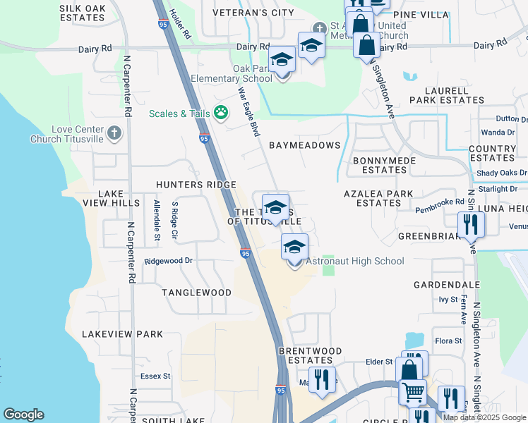 map of restaurants, bars, coffee shops, grocery stores, and more near 1475 Fuji Drive in Titusville