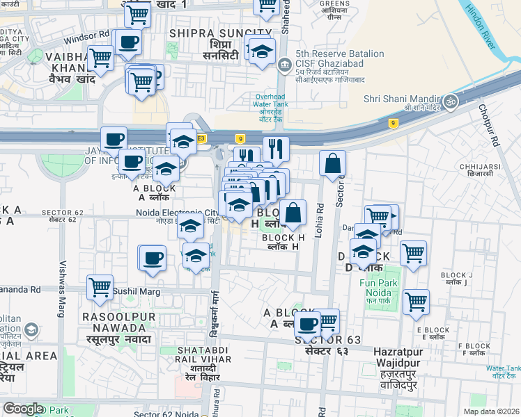 map of restaurants, bars, coffee shops, grocery stores, and more near in Noida