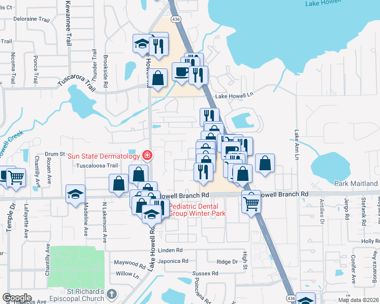 map of restaurants, bars, coffee shops, grocery stores, and more near 484 Banyon Tree Circle in Maitland