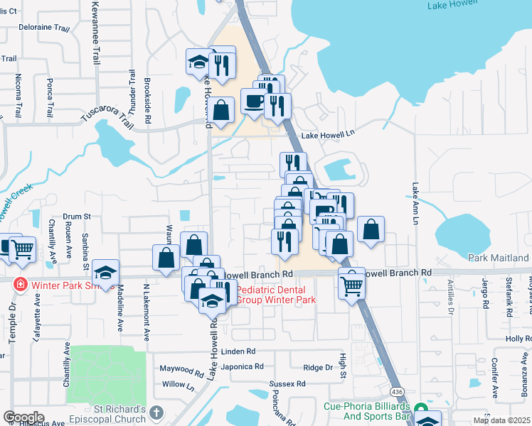 map of restaurants, bars, coffee shops, grocery stores, and more near 1995 Water Lane in Maitland
