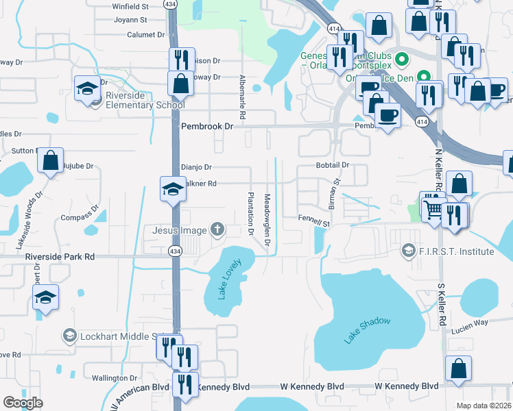 map of restaurants, bars, coffee shops, grocery stores, and more near 8008 Meadowglen Drive in Orlando