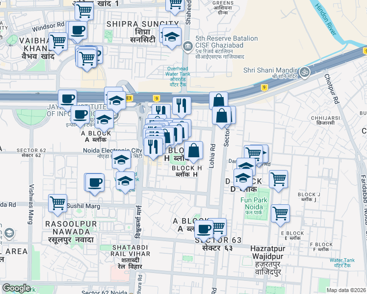 map of restaurants, bars, coffee shops, grocery stores, and more near in Noida