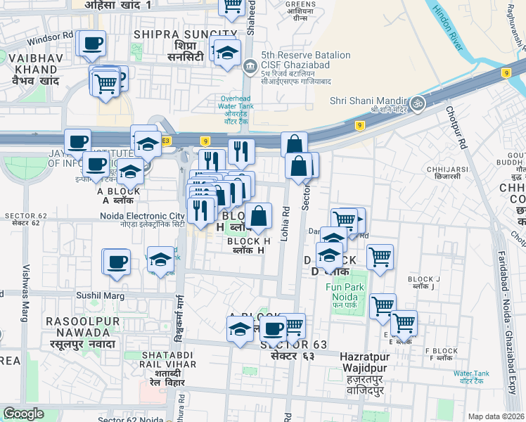 map of restaurants, bars, coffee shops, grocery stores, and more near H-35 Sector 63 Road in Noida