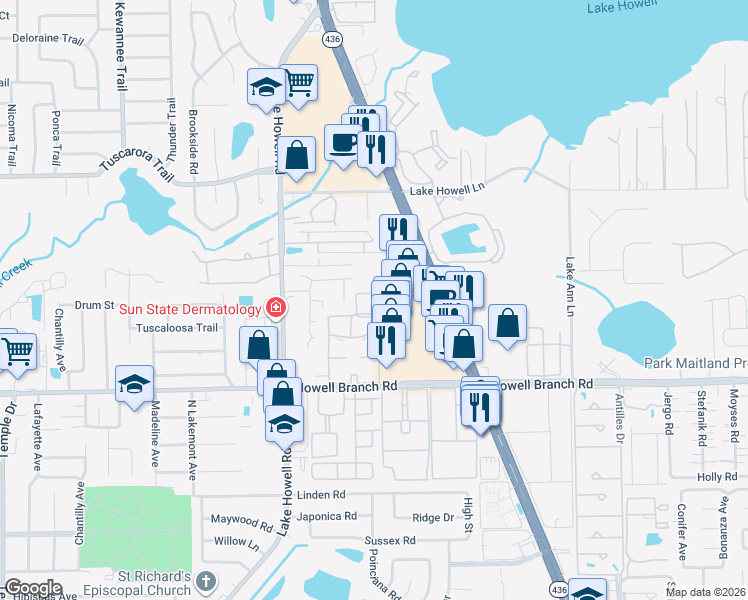 map of restaurants, bars, coffee shops, grocery stores, and more near 157 Sorrento Circle in Maitland