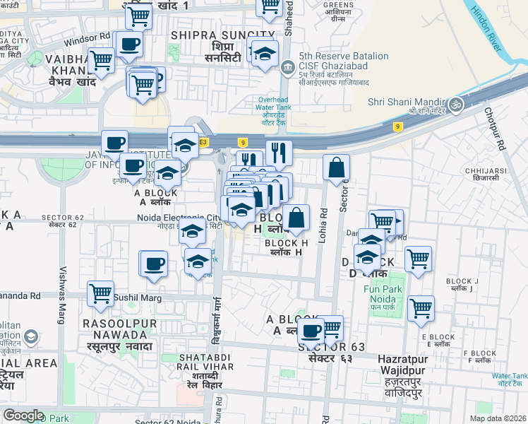 map of restaurants, bars, coffee shops, grocery stores, and more near in Noida
