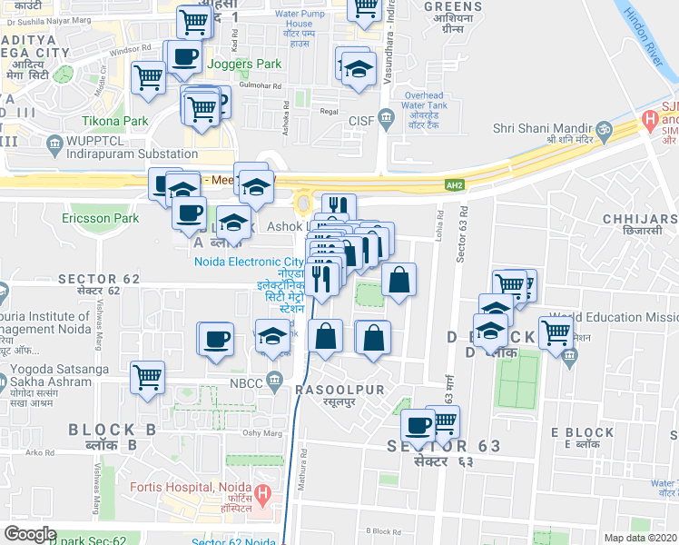 map of restaurants, bars, coffee shops, grocery stores, and more near in Noida