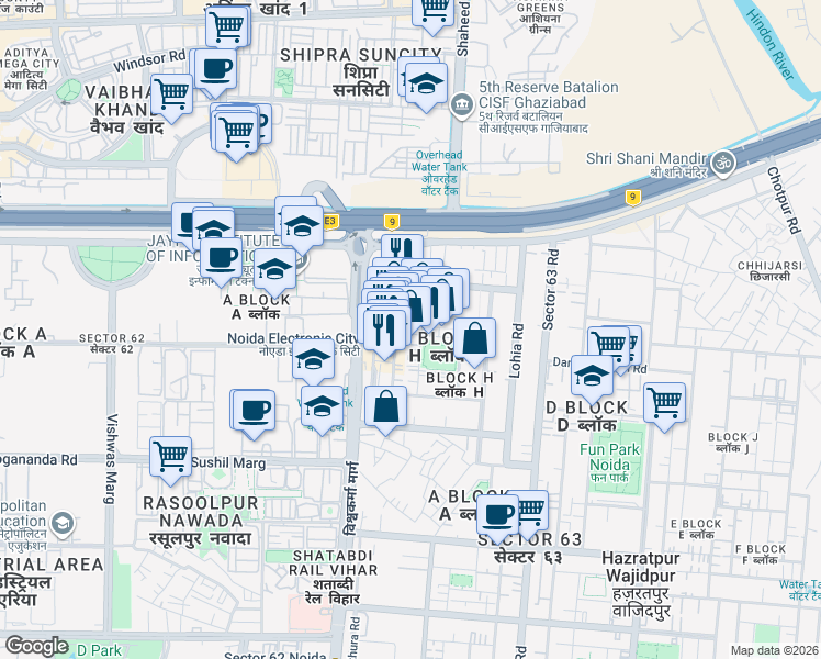 map of restaurants, bars, coffee shops, grocery stores, and more near in Noida