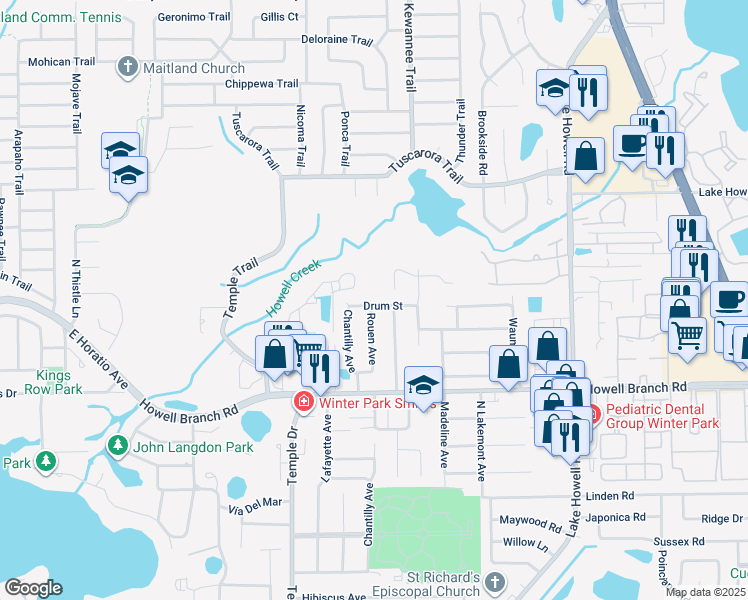 map of restaurants, bars, coffee shops, grocery stores, and more near 1600 Drum Street in Winter Park