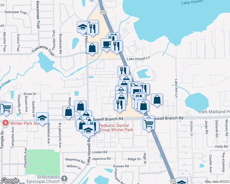 map of restaurants, bars, coffee shops, grocery stores, and more near 1997 Water Lane in Maitland