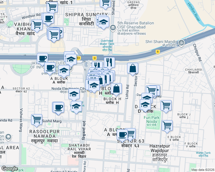 map of restaurants, bars, coffee shops, grocery stores, and more near in Noida