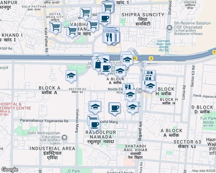 map of restaurants, bars, coffee shops, grocery stores, and more near in Noida