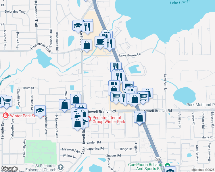 map of restaurants, bars, coffee shops, grocery stores, and more near 1995 Water Lane in Maitland