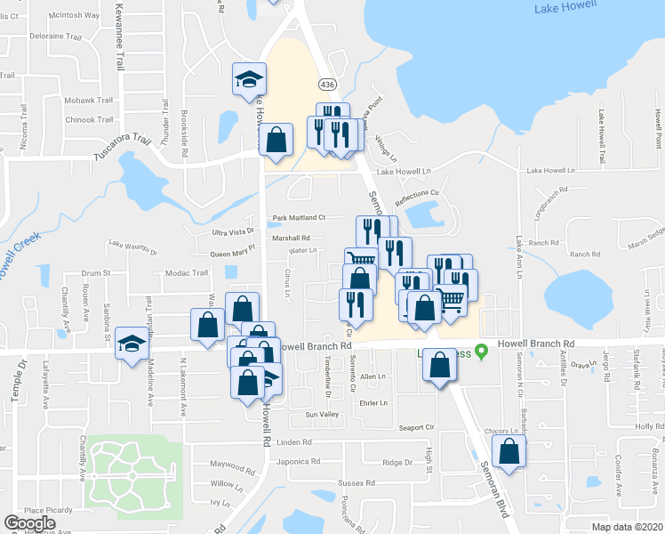 map of restaurants, bars, coffee shops, grocery stores, and more near 1995 Water Lane in Maitland