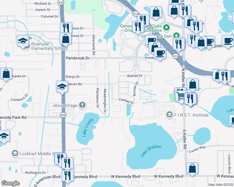 map of restaurants, bars, coffee shops, grocery stores, and more near 1620 Bobtail Drive in Maitland