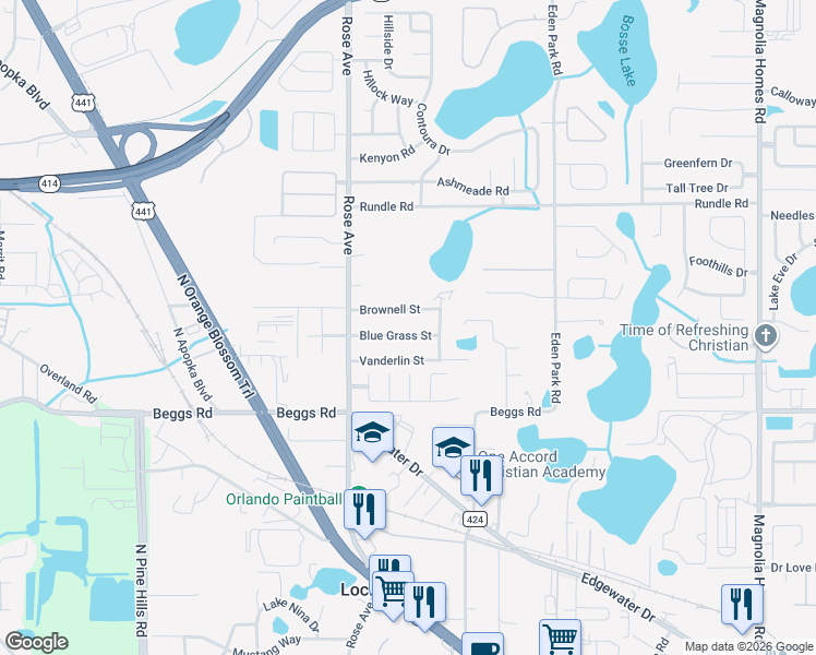 map of restaurants, bars, coffee shops, grocery stores, and more near 5324 Brownell Street in Orlando