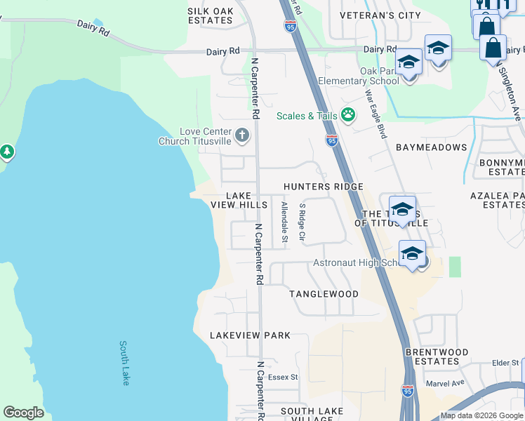 map of restaurants, bars, coffee shops, grocery stores, and more near 985 North Carpenter Road in Titusville