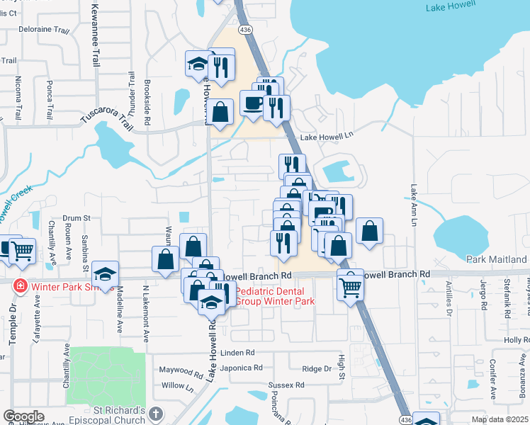 map of restaurants, bars, coffee shops, grocery stores, and more near 1995 Water Lane in Maitland