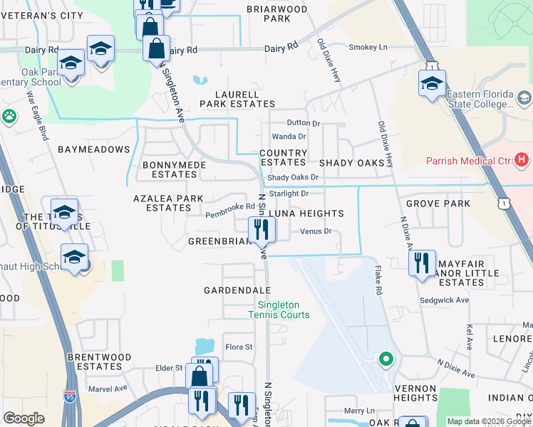 map of restaurants, bars, coffee shops, grocery stores, and more near 985 North Singleton Avenue in Titusville