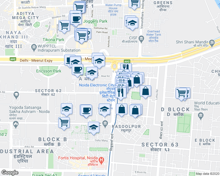 map of restaurants, bars, coffee shops, grocery stores, and more near in Noida