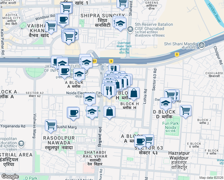 map of restaurants, bars, coffee shops, grocery stores, and more near in Noida