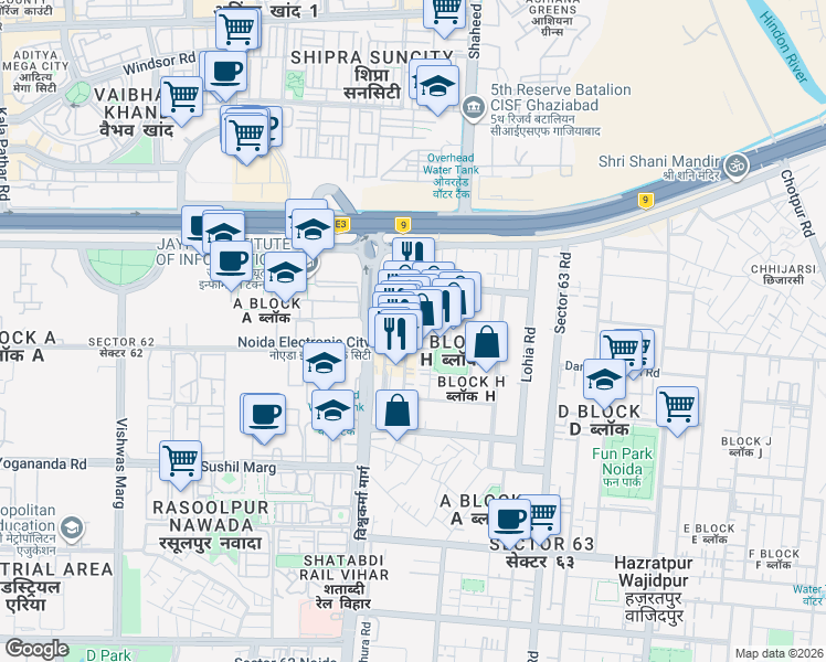 map of restaurants, bars, coffee shops, grocery stores, and more near in Noida