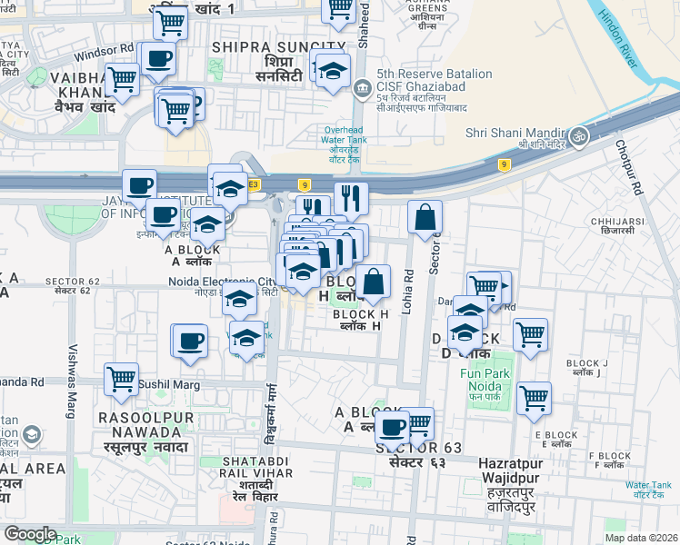 map of restaurants, bars, coffee shops, grocery stores, and more near in Noida