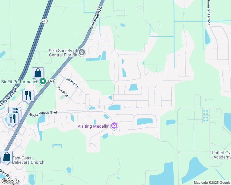 map of restaurants, bars, coffee shops, grocery stores, and more near 5532 Misty Wood Court in Oviedo
