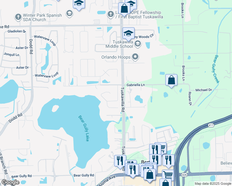 map of restaurants, bars, coffee shops, grocery stores, and more near 2212 Fairglenn Way in Winter Park
