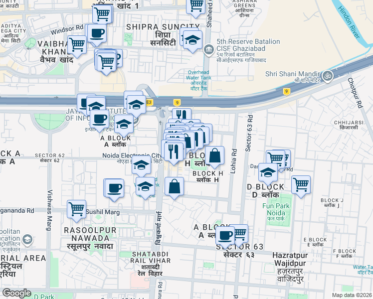 map of restaurants, bars, coffee shops, grocery stores, and more near in Noida