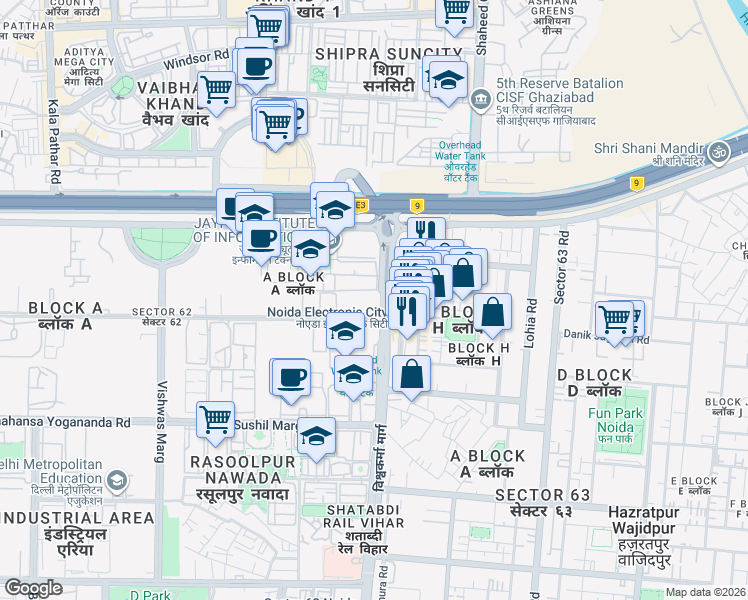 map of restaurants, bars, coffee shops, grocery stores, and more near in Noida