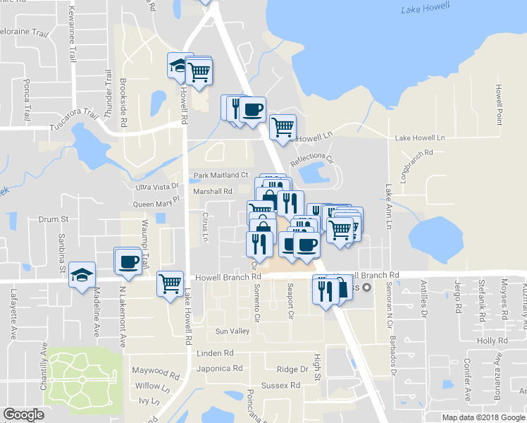 map of restaurants, bars, coffee shops, grocery stores, and more near 157 Sorrento Circle in Maitland