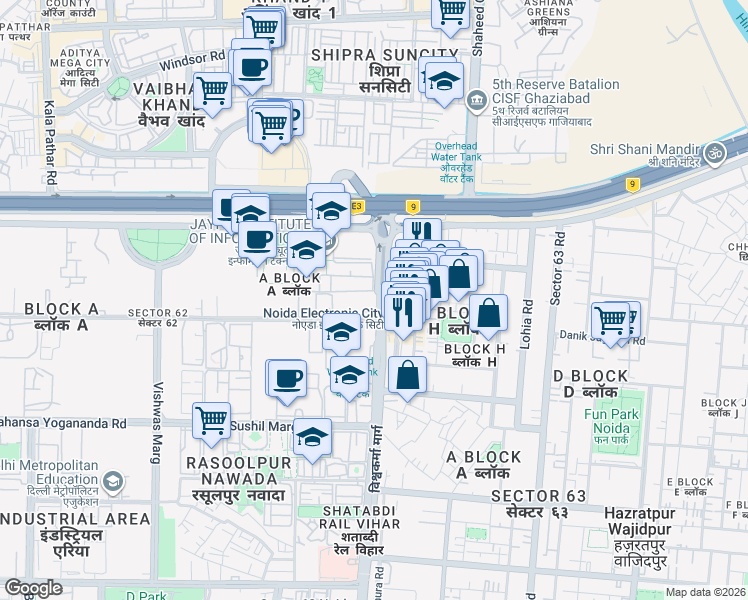 map of restaurants, bars, coffee shops, grocery stores, and more near in Noida