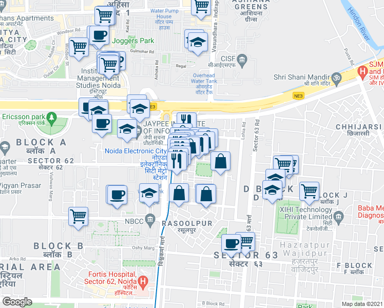 map of restaurants, bars, coffee shops, grocery stores, and more near in Noida