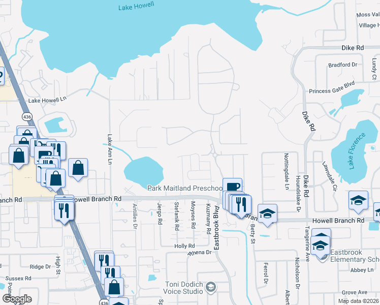 map of restaurants, bars, coffee shops, grocery stores, and more near 1455 Broad Wing Lane in Aloma