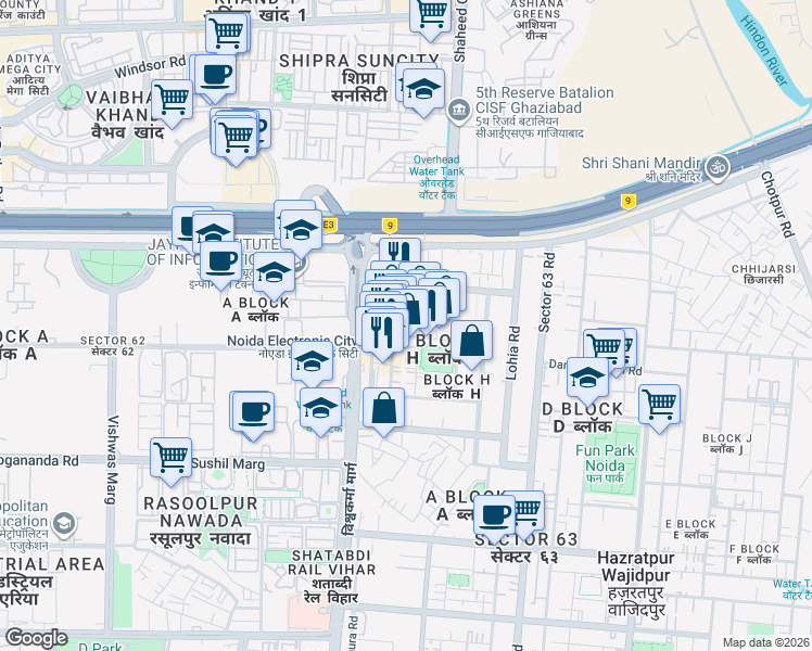 map of restaurants, bars, coffee shops, grocery stores, and more near in Noida